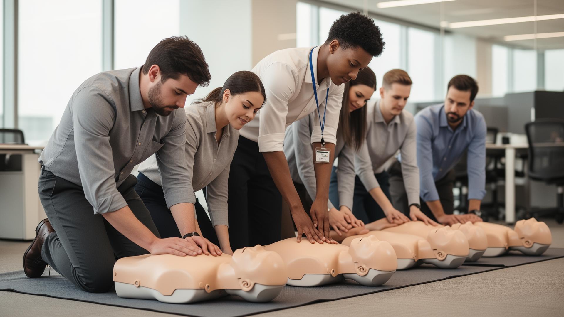 Certified instructor leading a team through hands-on CPR training in a modern workplace
